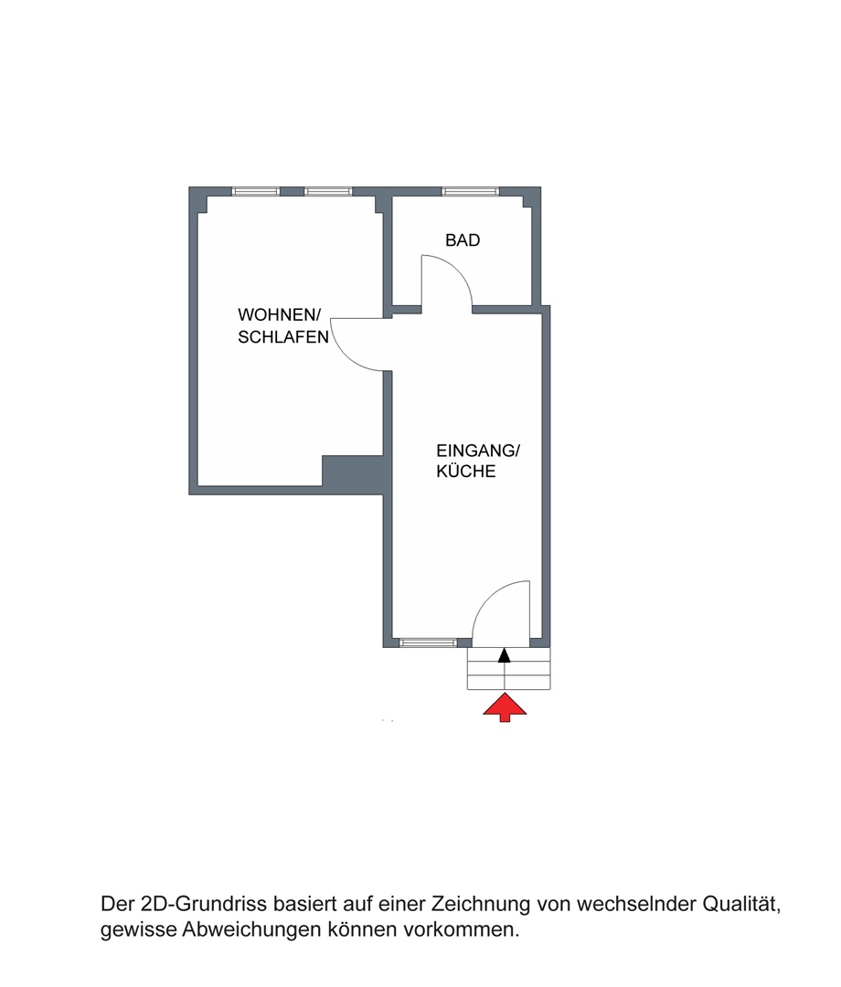 Grundriss der Einliegerwohnung mit einem Zimmer. Diese Wohnung ist sehr schön renoviert. Die Wohnung ist aktuell vermietet. Der Mieter hat signalisiert, dass er ausziehen könnte, falls erwünscht. - Oliver Reifferscheid - Immobilienmakler Darmstadt